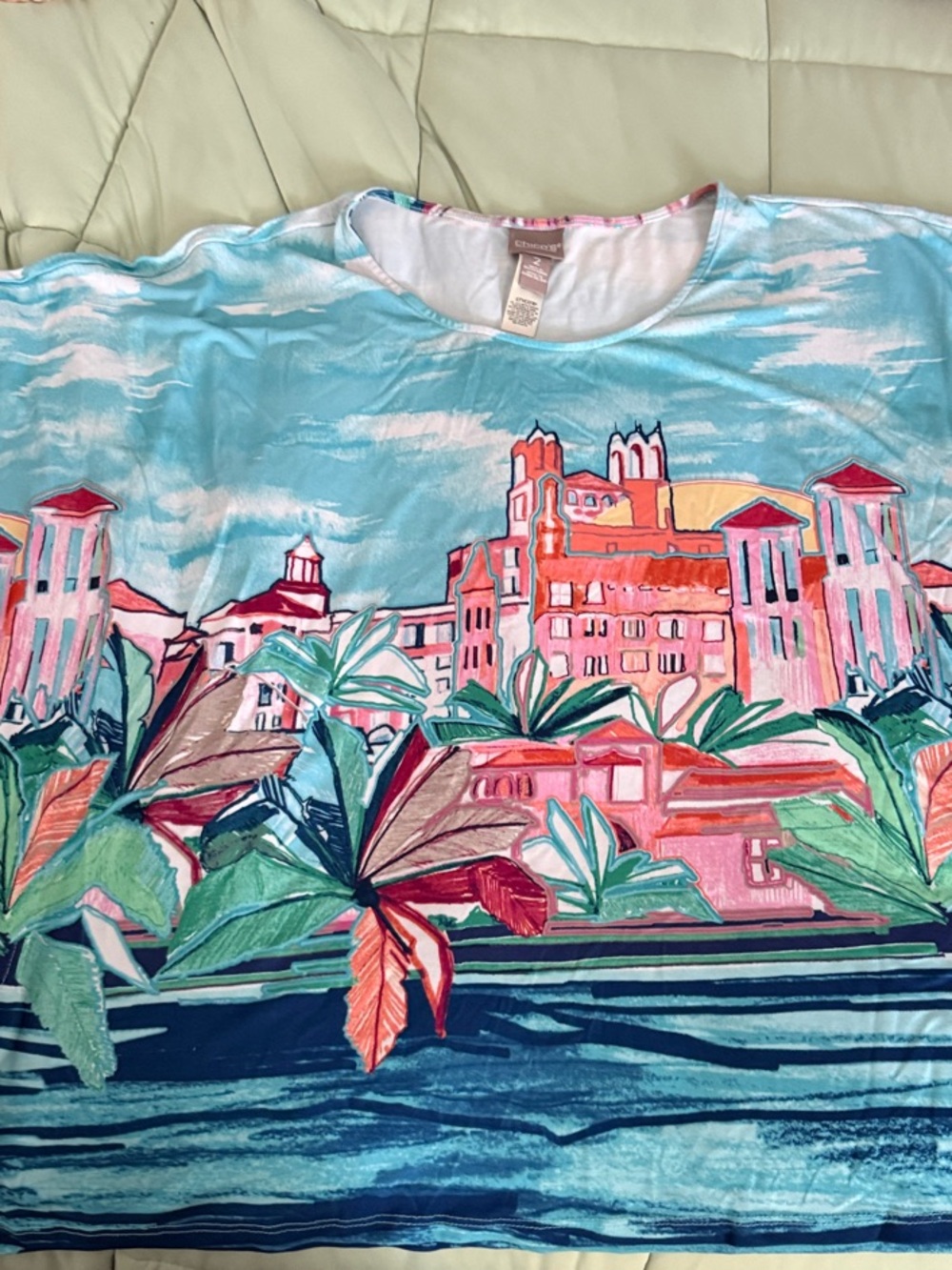 Tropical Print Top - Blue & Coral - Chico’s 2 NWOT